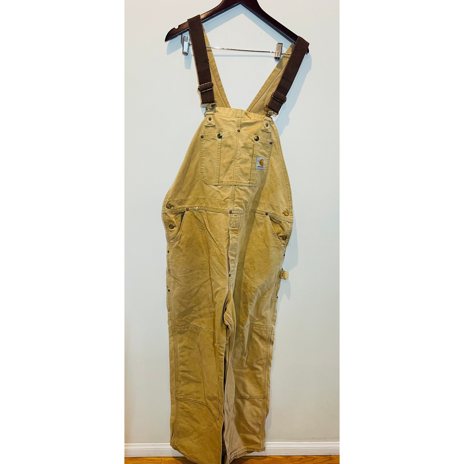 Vintage 1990s Carhartt Mens Duck Bib Overalls Tan Double Knee Workwear Canvas